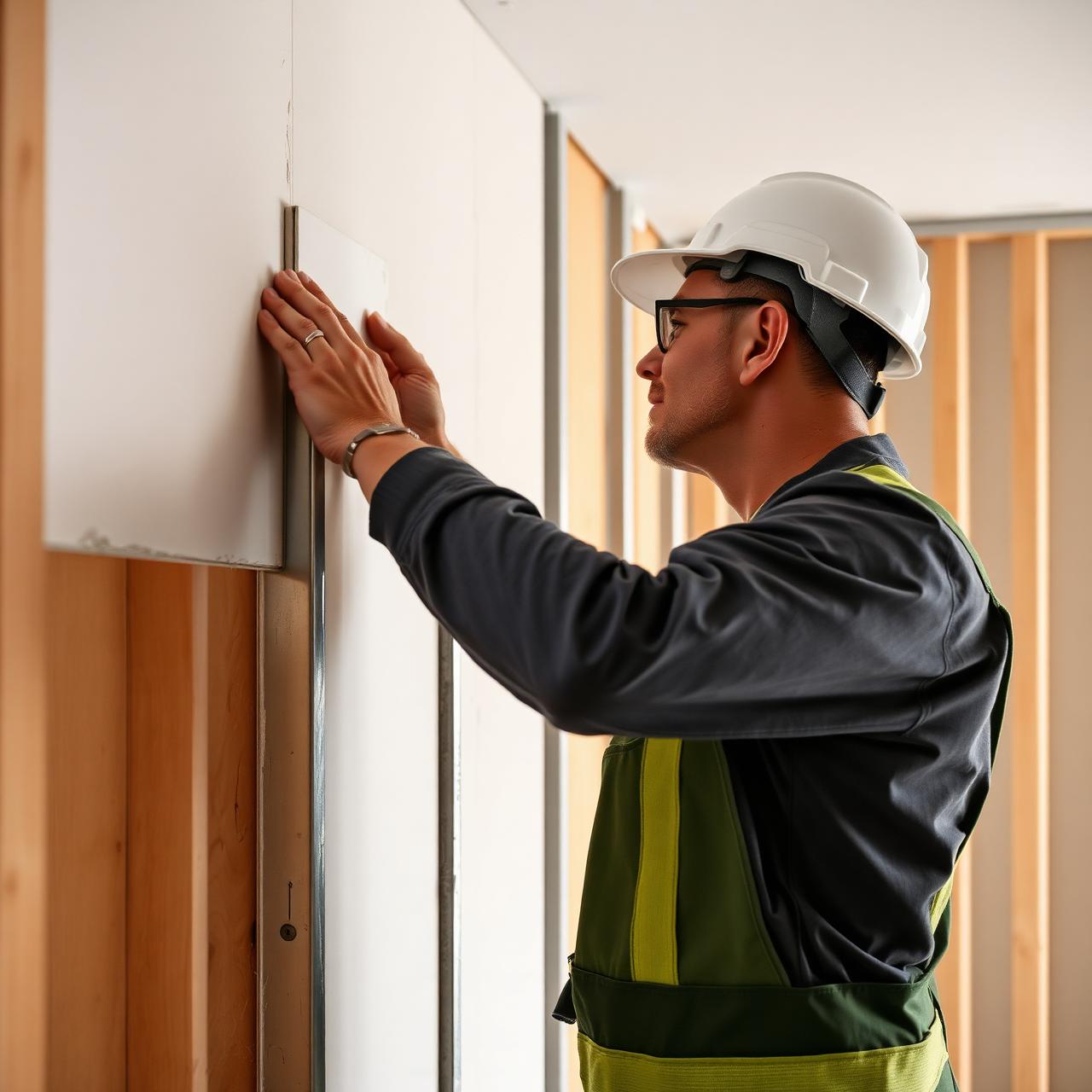 Artisan installant un panneau de gypse sur un chantier intérieur