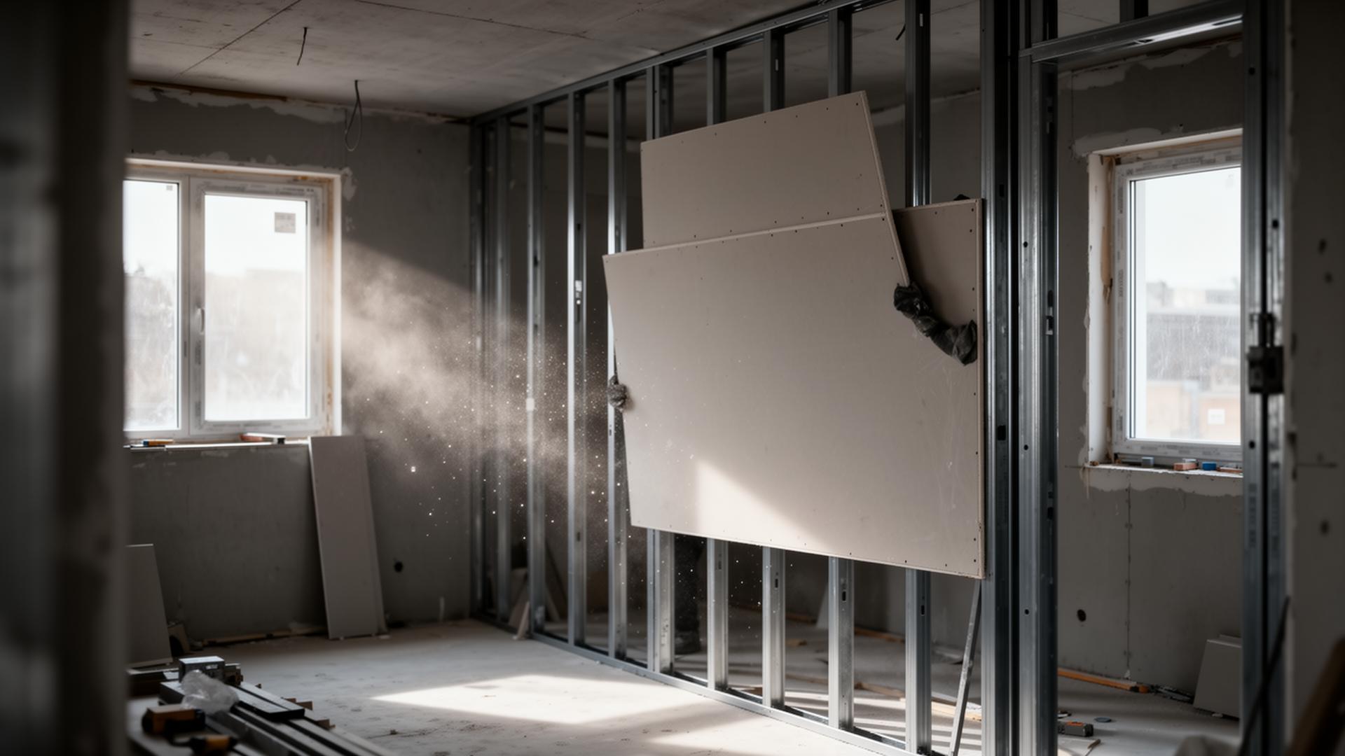 Chantier intérieur, installation de panneaux de gypse